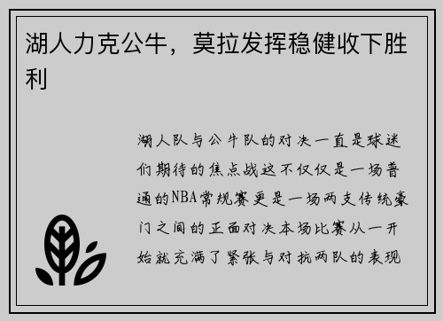 湖人力克公牛，莫拉发挥稳健收下胜利
